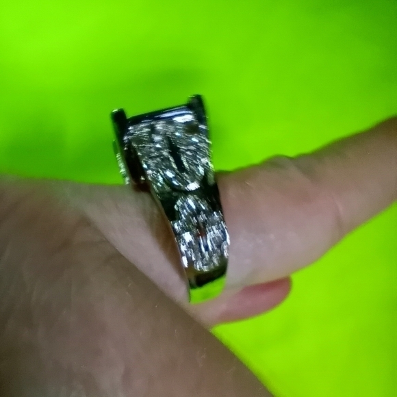 Silvertone square blue stone crystal cross Christian catholic ring size 11 - Picture 3 of 5